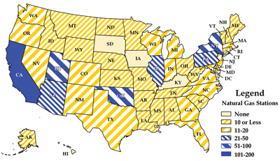 Map of the United States showing the number of natural gas refueling stations in each state.