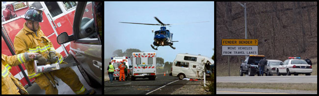 several photos showing traffic incidents requiring emergency personnel or road assistance