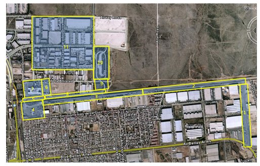 Satellite image wherein the Otay Mesa border crossing has been separated into 12 distinct districts.