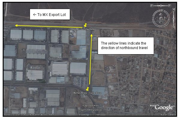 Satellite map of the Northbound access to the Otay Crossing in Mexico. A verticle yellow line with an arrow pointing north is overlaid atop the roadway leading north of the Bellas Artes location,  indicating the direction of northbound travel. A pin symbol indicates the location of the Mexcian sorting gate. A horizontal line with an arrow pointing west leads from the location of the sorting gate, and a label indicates that this is the direction to the Mexican export lot.