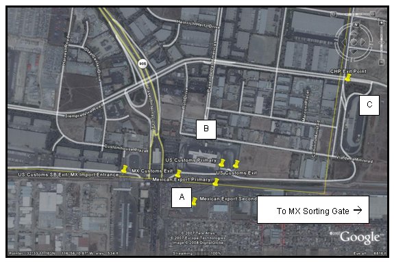 Labels on a satellite map indicate the locations of the Mexican Export Lot, the US Federal Inspection Facilities, the State Inspection Facility. Pins on the map indicate the locations of the U.S. customs southbound excit/Mexico import entrance, the Mexico Customs exit, teh Mexican Export primary and secondary, the U.S. Customs Primary, U.S. Customs exit, and the CHP exit point.