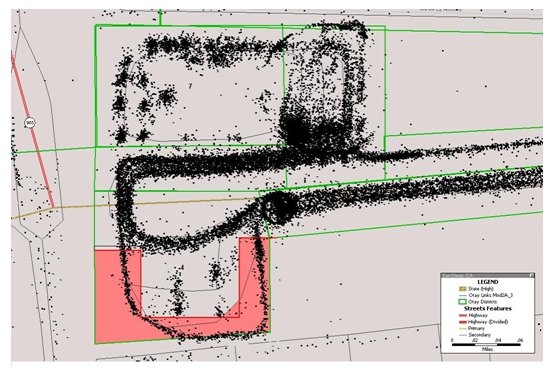 Using TransCAD, a map was created that overlays all of the points on the map grid for the crossing and identifies individual truck GPS data points that fell within the area. This image is a graphical depiction of this geofenced area, which looks like a scatter graph.