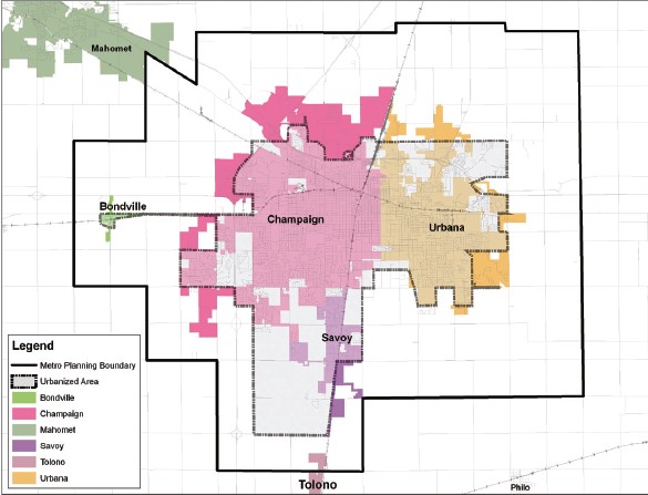 Diagram of the Champaign-Urbana urban area, including Bondville, Champaign, Mahomet, Savoy, Tolono, and Urbana.