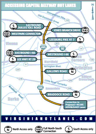 Map of the Capital Beltway HOT Lanes, showing connectors.