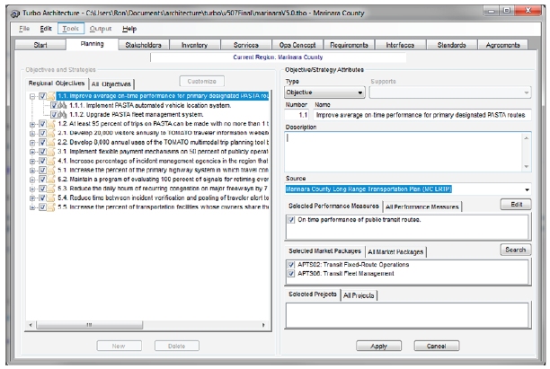 Screnshot of the tabbed user interface for the Planning Tab in Turbo Architecture.  This tab is used to establish the linkages between the architecture and the planning process that are described in this primer.