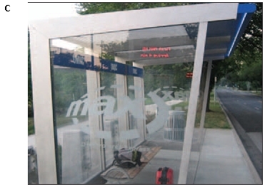 Photo of a covered shelter at a transit stop.