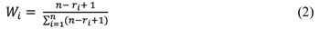 Equation 2 - the normalized weight for the ith criterion, Wi, is given by diversion. The numerator of which is given by the number of decision criteria, n, minus the ranking score for the ith criterion, and plus 1. The denominator is given by the summation, i from 1 to n, of the following: the number of decision criteria, n, minus the ranking score for the ith criterion, and plus 1.
