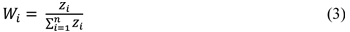 The normalize weight for the ith criterion, Wi, is given by diversion. The numerator of the ratio score, zi, assigned to the ith criterion. The denominator is given by the summation, i from 1 to n (the number of decision criteria), of all ratio scores, zi.
