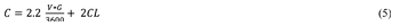 Equation 5 - The total cycle length, C, is equal to 2.2 times the product of the total hourly volume of both directions, V, and the cumulative green time per cycle for both directions, G, which is divided by 3,600, and then plus 2 times the total clearance interval for each direction, CL.