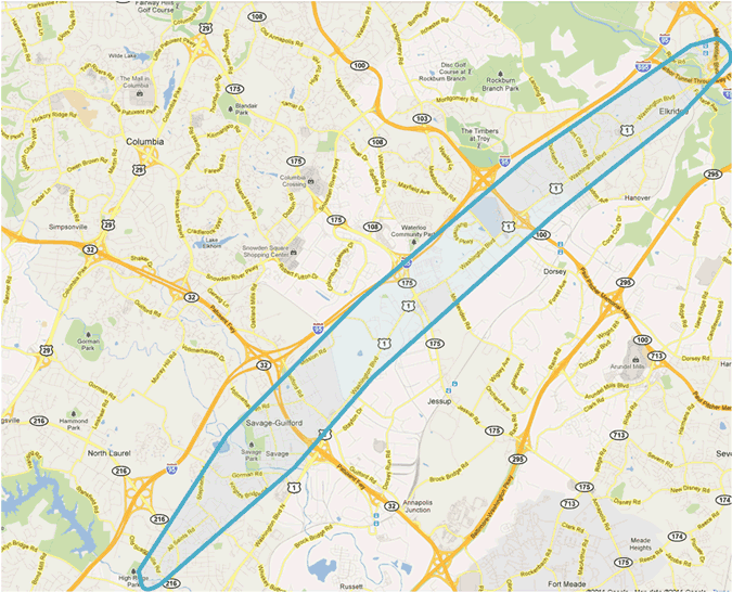 Figure 42 is a map showing the study area map for the Interstate 95 lane closure analysis in Howard County, Maryland. The map includes a highlight of the analysis focus area.