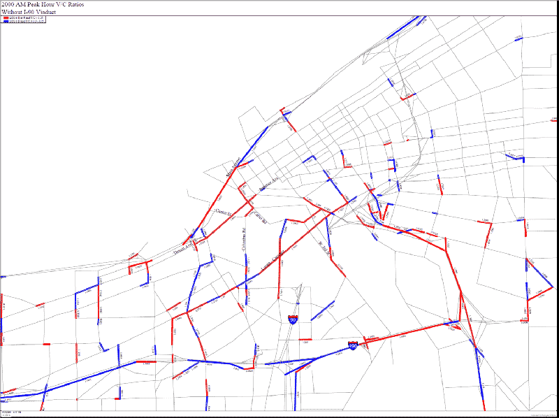 Figure 84 is a map showing the volume/capacity ratio (volume-to-capacity ratio) thematically displayed on a series of graphics showing the impact of Alternative 1 with full closure of the Central Viaduct.