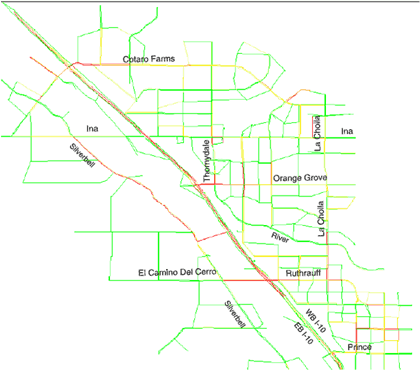 Map showing the Interstate 10 work zone network using mesoscopic simulation model Dynamic Urban Systems for Transportation (DynusT).