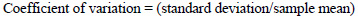 Equation: Coefficient of variation equals standard deviation of the data divided by mean of the data.