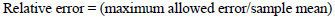 Equation: Relative error equals maximum allowed error divided by the mean of the data.