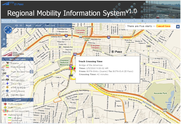 Figure 16. Screenshot. Snapshot of a Web Site Showing Crossing Times for Northbound Trucks at BOTA. The screenshot shows the Regional Mobility Information System v1.0. A truck icon on a map of the area near the Bridge of the Americas shows the location of the vehicle. A note shows the time as 2/5/2010 9:00:02 AM, and the crossing time from the entry in Juarez to the exit in El Paso is 42 minutes.