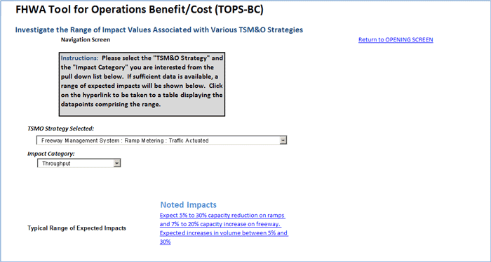 Figure 2-6 shows a computer screen capture of the Tool for Operations Benefit/Cost spreadsheet tool. The view presents a sample view of the Impact Lookup worksheet, showing the pull-down menus for selecting various strategies and impact categories, as well as the display of Noted Impacts as a text description of the typical range of impacts.