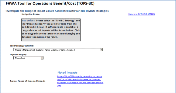 Figure 5-6 shows a computer screen capture of the Tool for Operations Benefit/Cost spreadsheet tool. The view presents a sample view of the Impact Lookup worksheet, showing the pull-down menus for selecting various strategies and impact categories, as well as the display of Noted Impacts as a text description of the typical range of impacts.