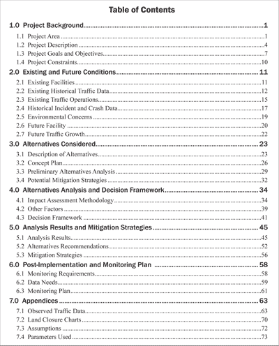 Figure 5 shows the Table of Contents from a sample analysis report: 1.0 Project Background, 2.0 Existing and Future Conditions, 3.0 Alternatives Considered, 4.0 Alternatives Analysis and Decision Framework, 5.0 Analysis Results and Mitigation Strategies, 6.0 Post-Implementation and Monitoring Plan, and 7.0 Appendices.