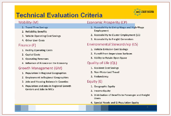 Technical evaluation criteria include mobility, finance, growth management, economic prosperity, environmental stewardship, quality of life, and equity categories.