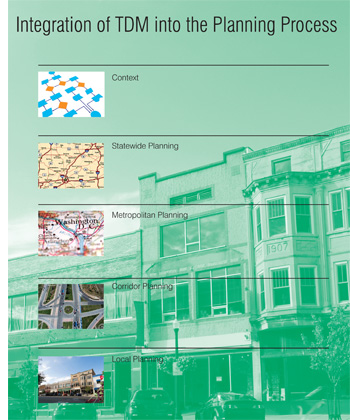 Chapter 4 divider graphic: Integration of TDM into the Planning Process.  Background: Urban street with parking, business, and residential buildings.  Stylized computer flow diagram to illustrate planning context: Context. Section of a state highway map: Statewide Planning. Close-up of an urban center from a highway map: Metropolitan Planning. Major freeway cloverleaf interchange: Corridor Planning. Urban street with parking, business, and residential buildings: Local Planning.