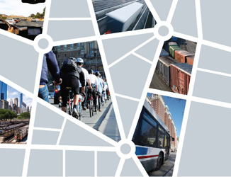 Front cover:  View of highway from passenger car with multi-lane traffic ahead. Overhead view of commercial truck driving down a freeway. Line of bicyclists driving into a city. Freight railcars at a switching yard. City skyline with public transit rail station and train in foreground. City skyline with public transit bus on a street.