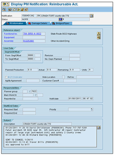 Screenshot of screen 1 of the Pennsylvania Incident Cost Management System, showing location data, the responsible party for follow-up work, and a description of the incident.