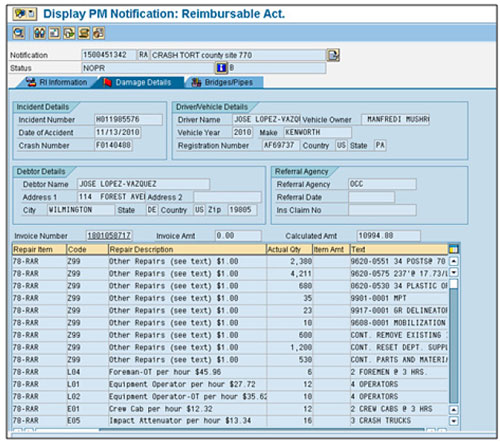 Screenshot of screen 2 of the Pennsylvania Incident Cost Management System, showing the incident internal tracking number, when the incident occurred, liable party, and estimate of repairs.