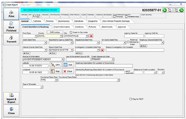 A screenshot of a Florida Highway Patrol tracking tool, showing tabs for information such as general, vehicles, persons, businesses, narratives, diagrams, and non-vehicle property damage.