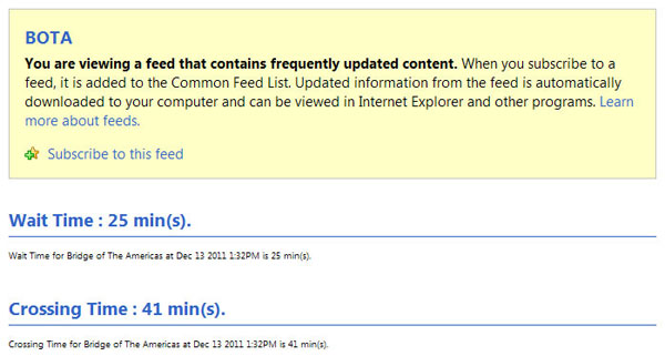 Figure 39. Image of RSS feed of wait and crossing time at Bridge of the Americas. This screenshot shows the real simple syndication (RSS) feed in XML format used at the Bridge of the Americas port of entry website. It provides wait time and crossing time.