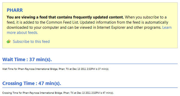 Figure 40. Image of RSS feed of wait and crossing time at Pharr-Reynosa border crossing. This screenshot shows the real simple syndication (RSS) feed in XML format used at the Pharr-Reynosa International Bridge port of entry website. It provides wait time and crossing time.