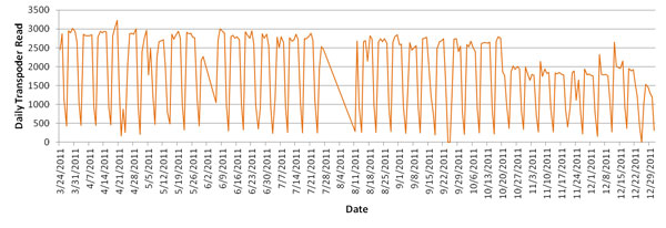 Figure 53. Chart. Daily transponder reads by reader at CBP at Pharr-Reynosa in 2011. This graph shows the daily transponder reads for the radio frequency identification (RFID) reader station at Customs and Border Protection from March 24, 2011, through December 29, 2011. The reads generally decrease in October 2011 (high points of about 3,000 decrease to high points of about 2,000).