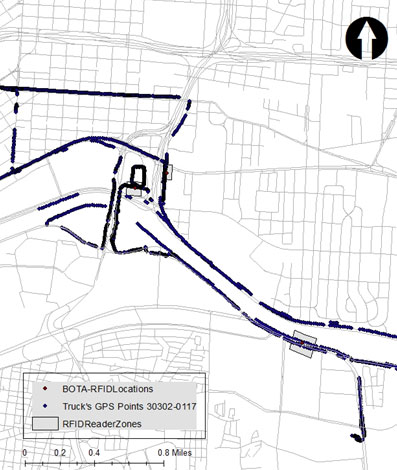 Figure 60. Image. Overlaid truck GPS points, and virtual zones surrounding RFID stations. This map shows three Bridge of the Americas radio frequency identification (RFID) reader stations and their RFID reader zones. It also shows truck global positioning system (GPS) points, which correspond to the routes trucks take through the border crossing facilities.