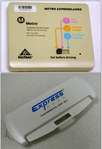 Two photographs of windshield mounted transponders.