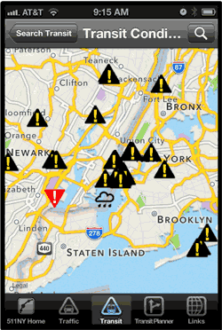 Graphic - Picture of a screen capture on a mobile device, a map of an urban area showing transit conditions.