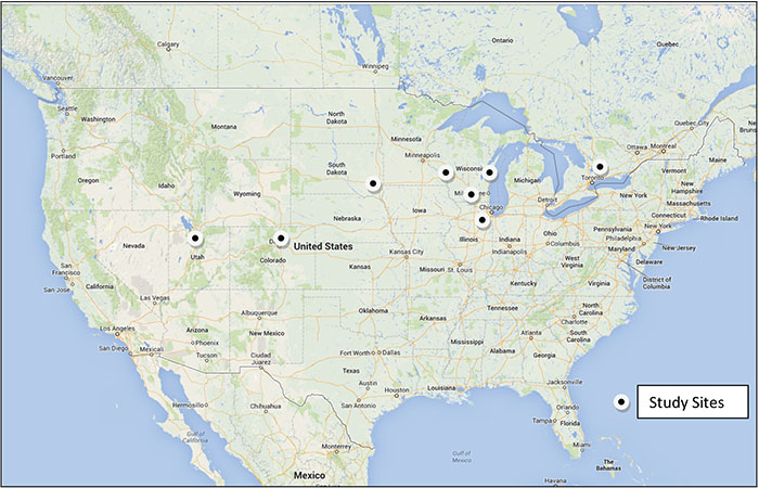 Figure 1. United States and Canada Map Showing Locations of Study Sites. There is a color map of the continental US. The Study Sites are marked by a white circle with a black dot inside. The Study Sites are positioned in the following locations: Green Bay WI, Thornton CO, Saratoga Springs UT, Madison WI, Newmarket ON, Oswego IL, Sioux Falls SD.