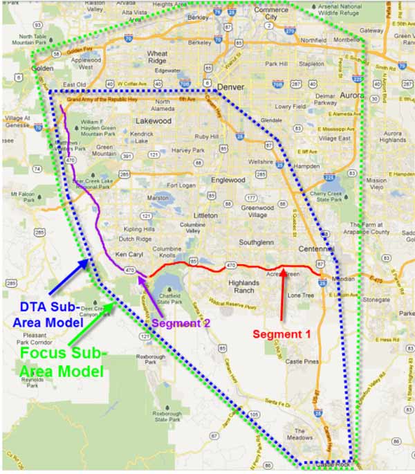 Figure 4.2 is a map depicting an example modeling project where the primary subject of the project is one highway. However the model limits for the Focus Sub-Area Model are larger and a Dynamic Traffic Assignment Sub-Area Model larger still.