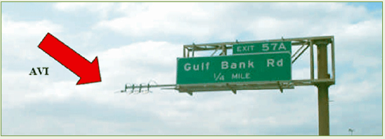 At the end of an overhead gantry, a series of toll tag readers are attached to a cantilever.