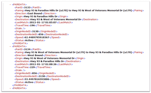 Figure 26. A screen shot of an Extensible Markup Language feed from Bluetooth Scanner Service. The feed shows two sets of pair data. Each shows the Pair ID, the Pairing, the Direction, the Origin, the Destination, the Last Match, the Travel Time, Stale, the Origin Node ID, the Destination Node ID, the Speed, and the Status.