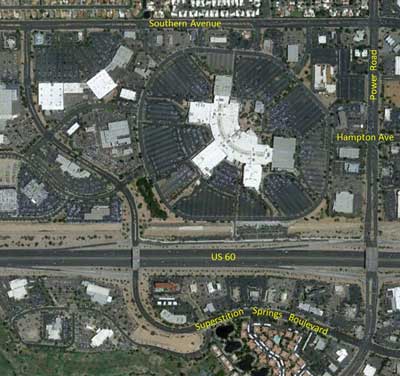 Figure 37. A map showing Southern Avenue, Power Road, Hampton Avenue bisecting Power Aven, U.S. 60, and Superstition Springs Boulevard running from Southern Avenue, and then crossing U.S. 60 and Power Road.