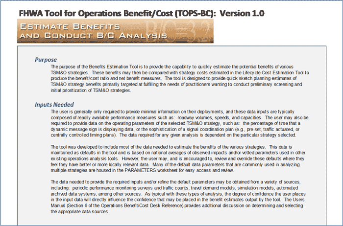 Figure 6-1 is a screen shot of the Estimate Benefits and Conduct Benefit/Cost (B/C) Analysis worksheet instructions page.