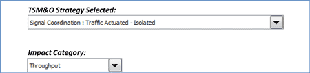 Figure 7-2 is a screen shot of the two pull down menus on the IMPACT LOOKUP Worksheet. The two pull down menus are TRANSPORTATION SYSTEMS MANAGEMENT AND OPERATIONS Strategy Selected, and Impact Category.T