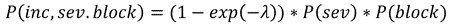 Equation 6. Formula to compute the probabilities of incidents by severity and lane blockage type and substituting the poisson probability of zero incidents within the study period.