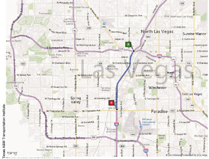 Figure 18. Location of I-15 Crumb Rubber Overlay Project, Fall 2011. A road map shows the area surrounding North Las Vegas. The segment of I-15 between Paradise in the south and Route 95 to the south is highlighted as the location of the project. Texas A and M Transportation Institute.