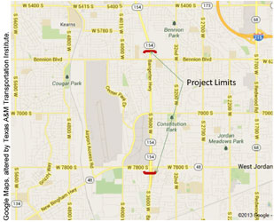 Figure 8. Map.  Location of the Bangerter Highway Project. A road map shows highways in the area around Bangerter Highway in Salt Lake City, Utah. The project area is designated as extending between W 7800 Street to the south and Bennion Blvd. to the north. Google Maps, altered by Texas A and M Transportation Institute.