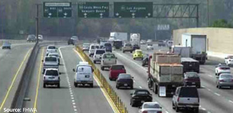 Photo of highway in Orange County, CA. The photo shows one direction of traffic where two left-hand lanes are managed, and the right-hand six lanes are general purpose lanes. Vehicles are traveling in each lane, fewer vehicles are traveling in the managed lanes.