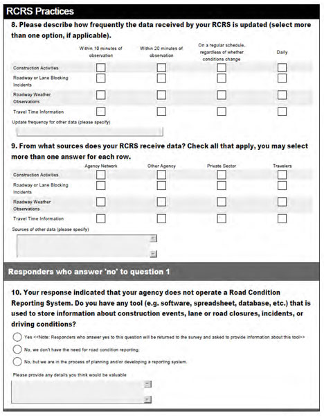 Screen shot of survey text for Questions 8 through 10 as follows.  Question 8, Please describe how frequently the data received by your RCRS is updated.  Question 9, From what source does your RCRS receive data?  If the answer to Question 1 was no, Question 10, Do you have any tool that is used to store information about construction events, lane or road closures, incidents, or driving conditions?