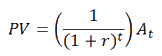 Equation. Present value at time zero equals one divided by the sum of one plus the discount rate raised to the value of time (year), the result of which is then multiplied by the product of the amount of benefit or cost in year t multiplied by time (year).