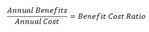 Annual benefits divided by annual cost equals the benefit cost ratio.