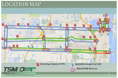 A location map depicting the locations of existing and planned CCTVs and BlueToad devices.