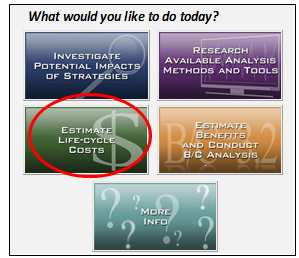 Screen capture of the TOPS BC start page with the 'Estimate Life-Cycle Costs' button circled.